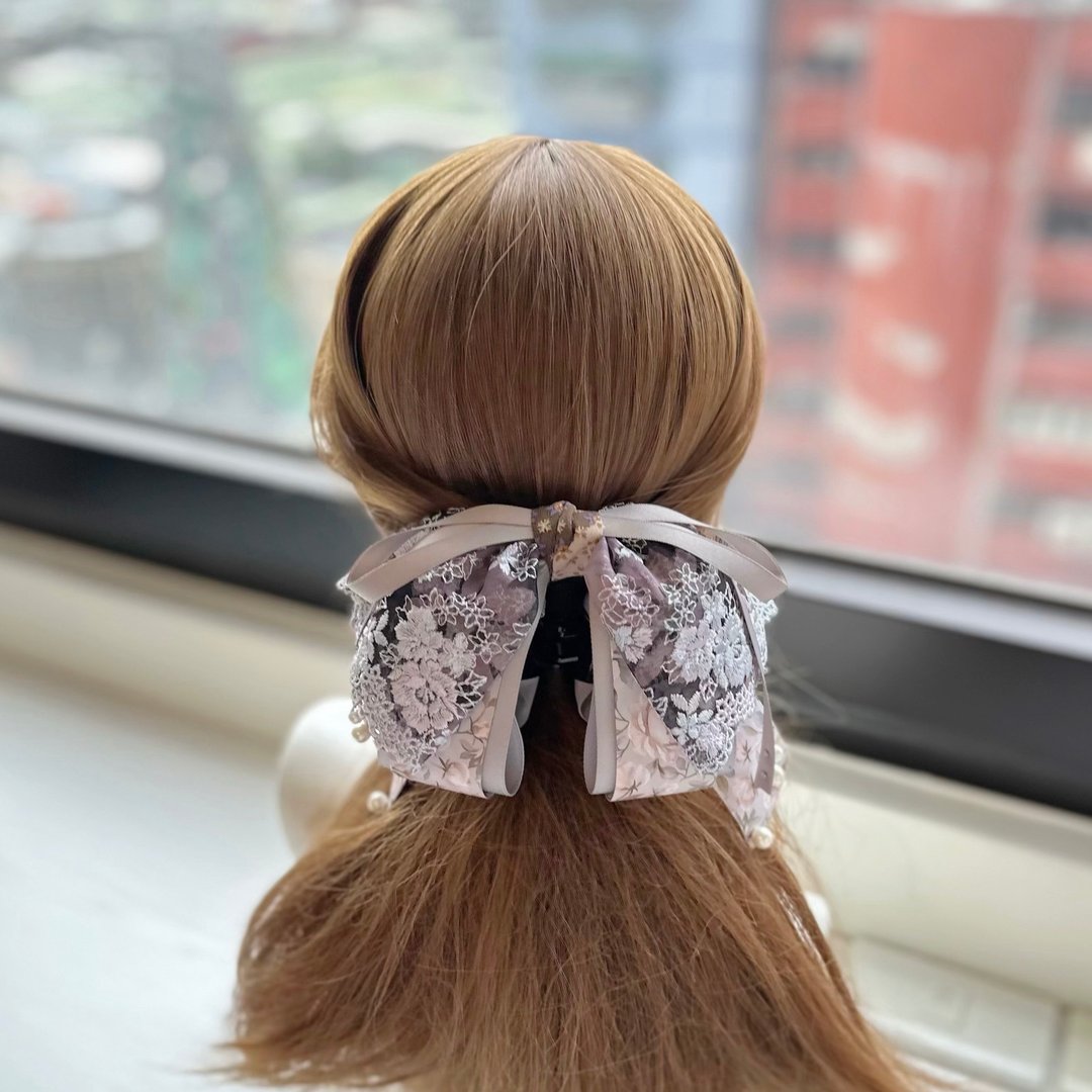 小抓夹保留-独家蕾丝蝴蝶结鲨鱼夹相交夹马尾夹发夹发饰-巧克力色 - 发饰 - 其他材质 咖啡色