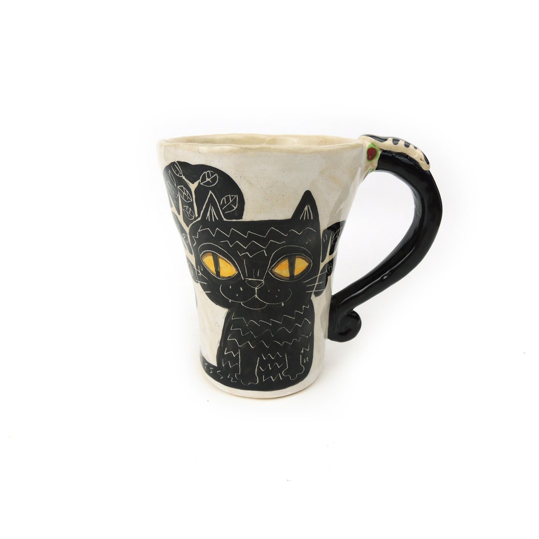 Nice Little Clay 手工铃铛杯 可爱黑猫 0101-137 - 咖啡杯/马克杯 - 陶 白色