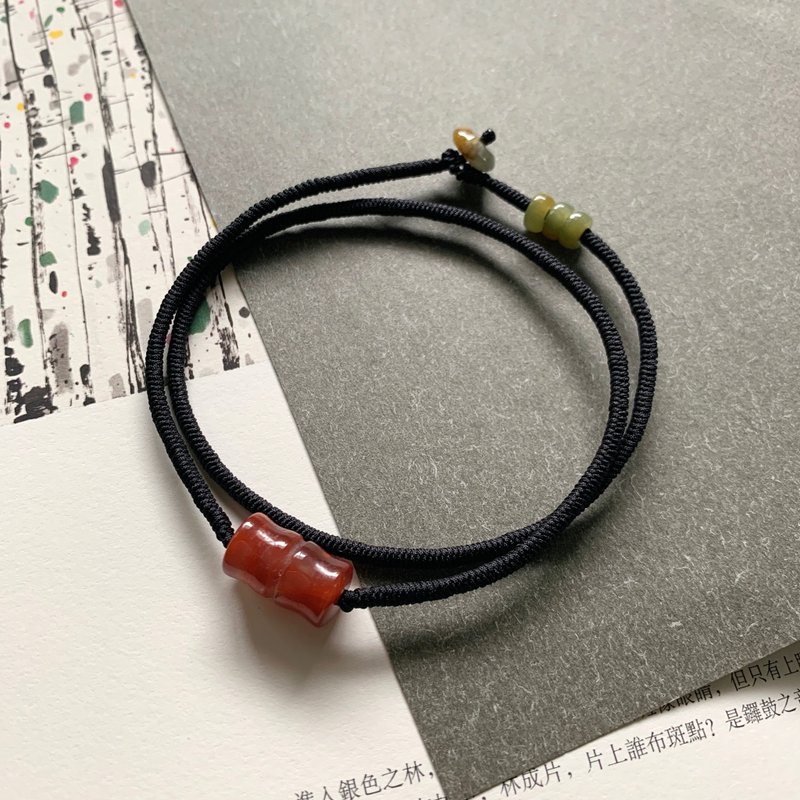 客制化 南红竹节翡翠 双圈编织男生款手绳 - 手链/手环 - 玉石 黑色