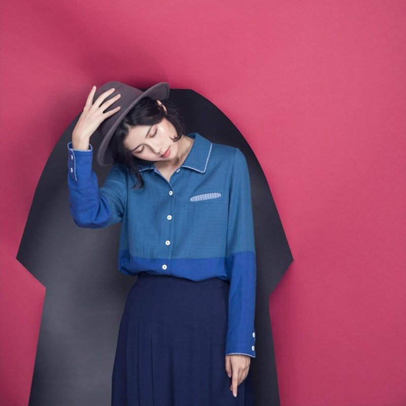 1/2海平面上拼接长袖衬衫 - 女装衬衫 - 棉．麻 蓝色