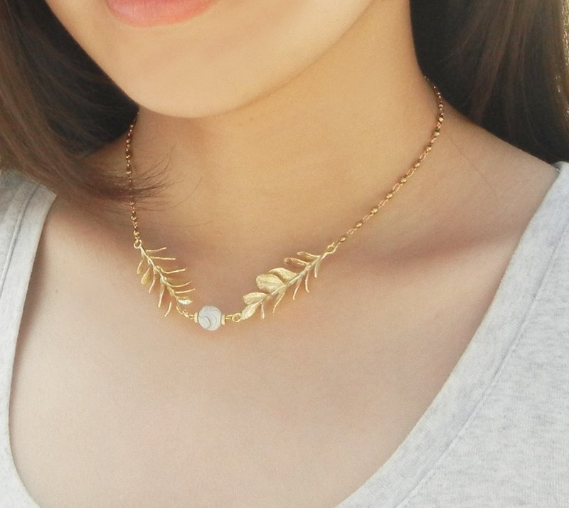 *coucoubird*叶片默纹混珠项链 - 项链 - 其他金属 金色