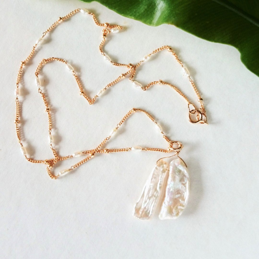 14kgf * Japanese Freshwater pearl station necklace + Top - 项链 - 珍珠 白色