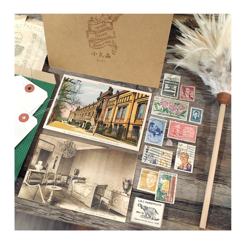 古董纸+老邮票+西班牙老明信片+标签+大象橡皮擦+鸡婆笔.手帐素材 - 卡片/明信片 - 其他材质 