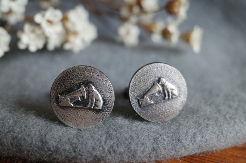 古董 HMV 黑银色留声机 小狗 袖扣 His Master's Voice A75 - 袖扣 - 其他金属 金色