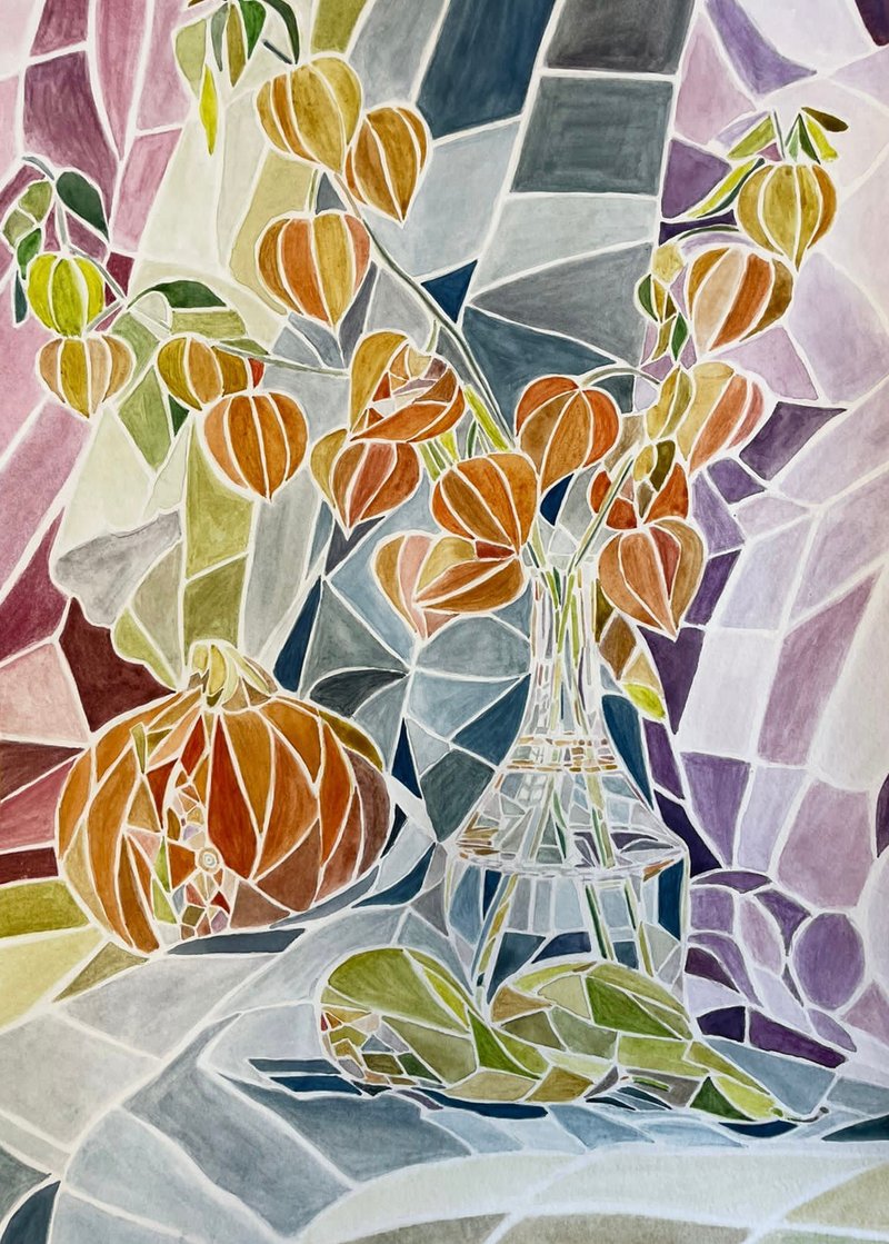 Still life mosaic style original watercolour painting modern painting wall art - 墙贴/壁贴 - 其他材质 多色