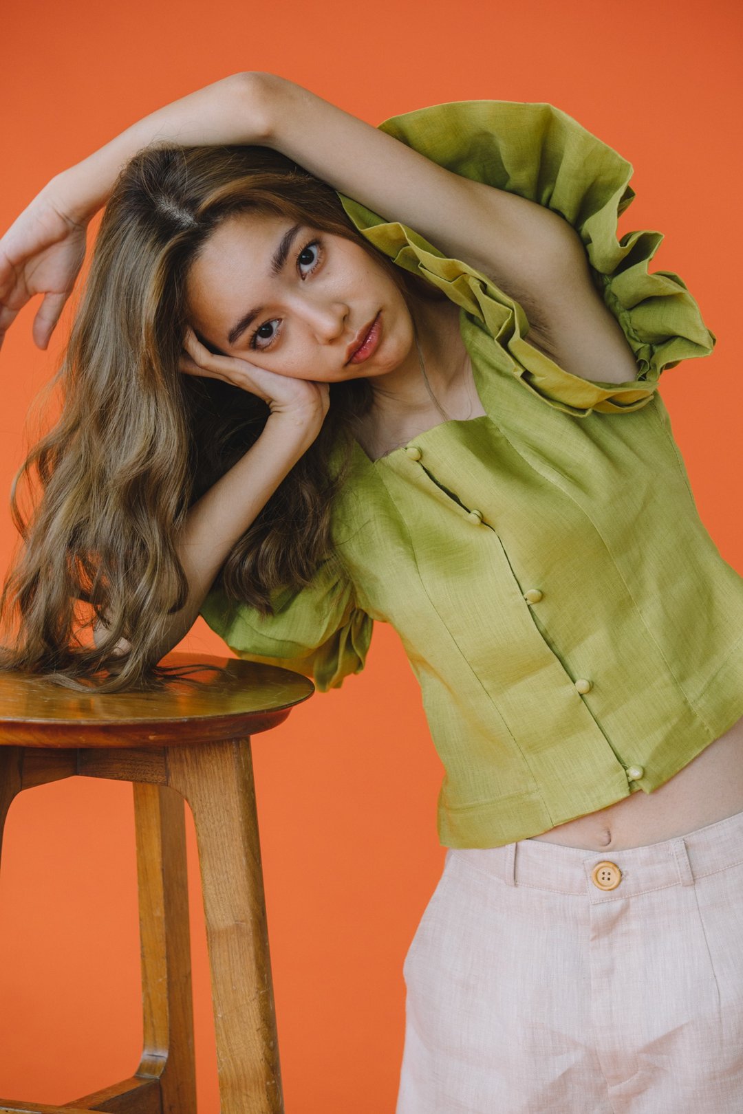 SHEATH SQUARE NECK TOP WITH DOUBLE RUFFLES SLEEVE IN LIME GREEN - 女装上衣 - 棉 绿色
