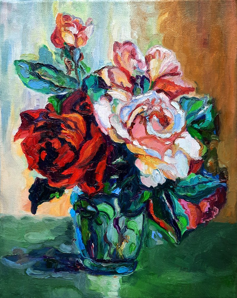 Roses Painting  Original Art  Oil Painting  Wall Decor Oil On Canvas - 墙贴/壁贴 - 其他材质 红色