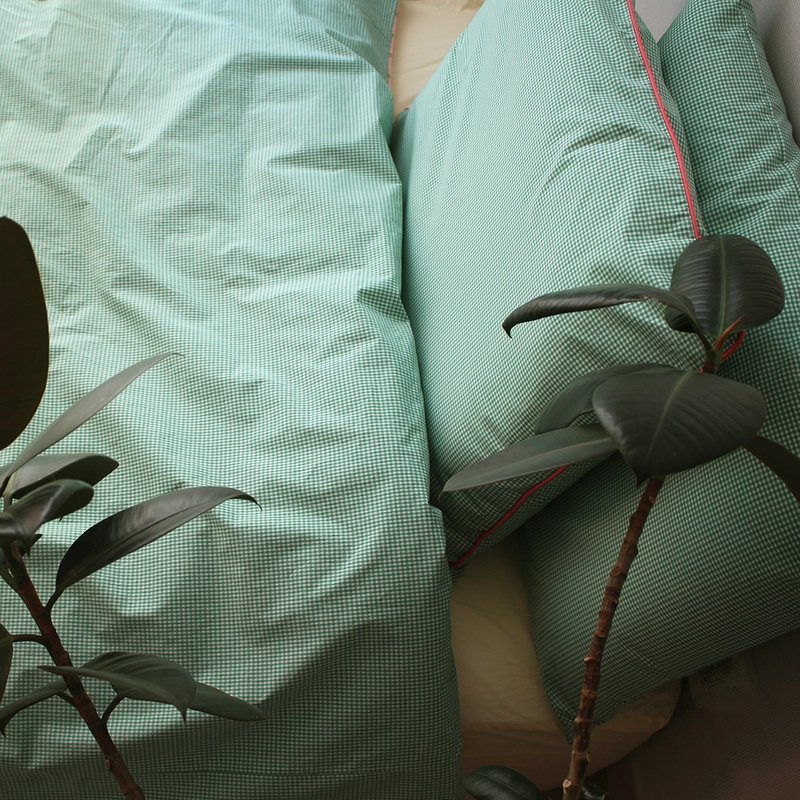 韩国制造绿色格纹棉质寝具套装，子供羽绒被套套枕头套组被子 - 寝具 - 棉．麻 绿色