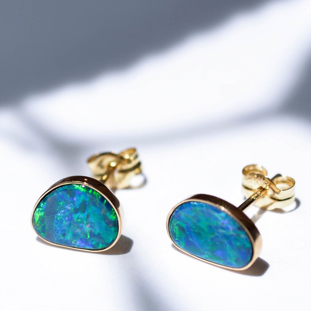 K18 YG × Opal / Azure Blue - Pierce - - 耳环/耳夹 - 其他金属 金色
