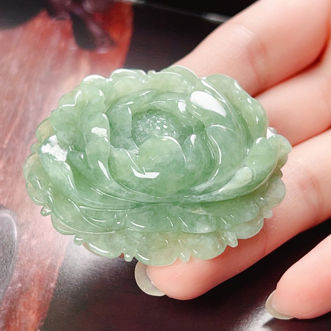 冰飘绿翡翠牡丹花 | 天然缅甸玉A货翡翠 | 送礼 - 吊饰 - 玉石 绿色