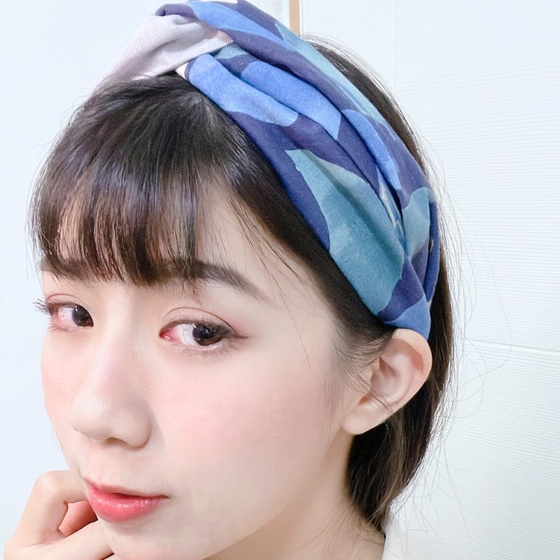 纯手工高弹力发箍 日本烫金版星月流金 拼接高弹力发箍 手作发 - 发饰 - 棉 蓝色