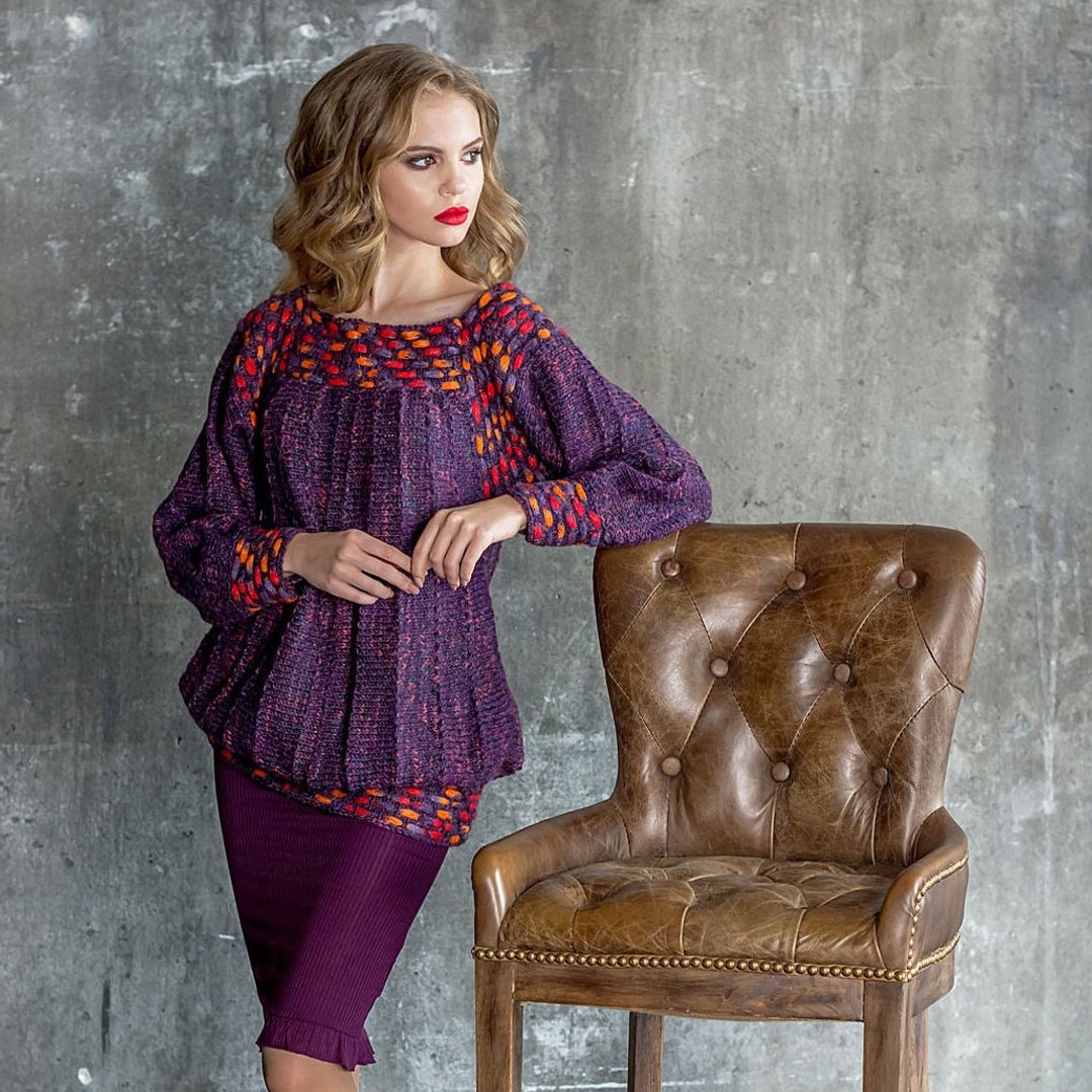 Purple Trimmed Knit Pullover. Hand Knitted. High-quality handmade. - 女装针织衫/毛衣 - 羊毛 紫色