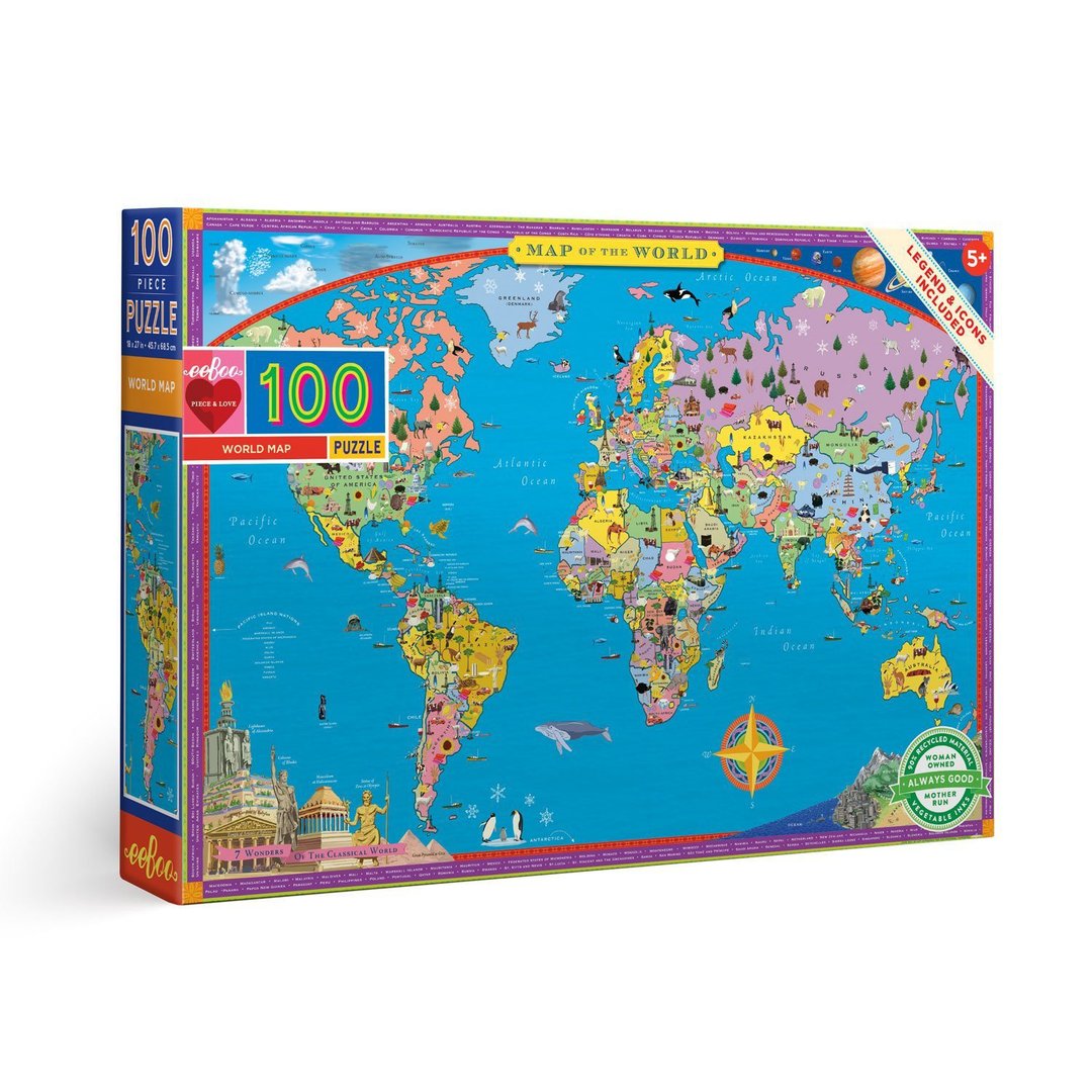 eeBoo 100片拼图 -  世界地图 World Map 100 Piece Puzzle - 拼图 - 纸 蓝色