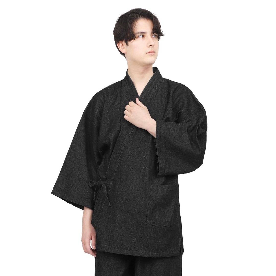 丹宁作务衣 男款 100% 纯棉 和风工作服套装 黑色 日式风格 - 居家服/睡衣 - 棉 黑色