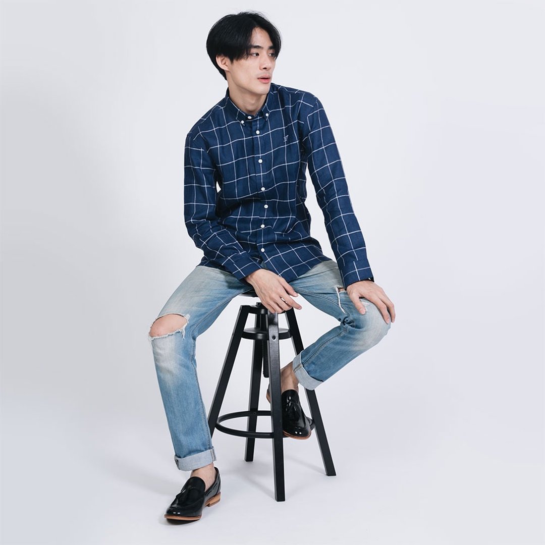 (SIZE S) PREMIUM // navy blue check // men slim fit - 男装衬衫 - 棉 蓝色
