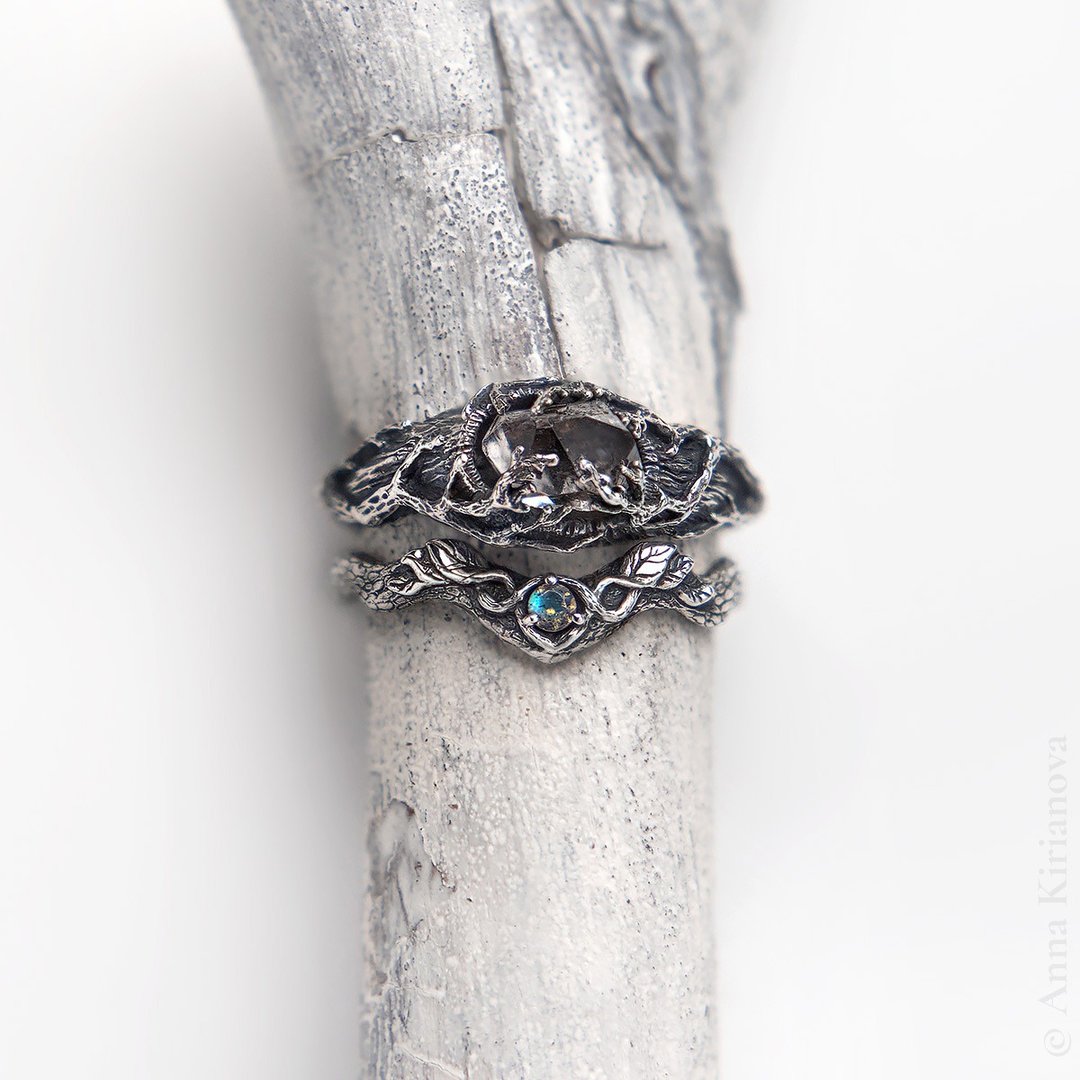 Set of Tree Ring with Raw Herkimer Quartz and Leaf Ring with Labradorite - 戒指 - 纯银 银色