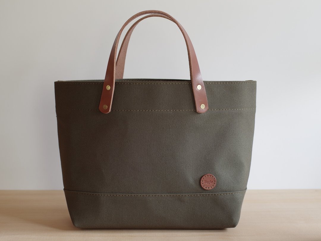 Leather Handle Canvas Tote Bag Olive - 手提包/手提袋 - 棉 绿色