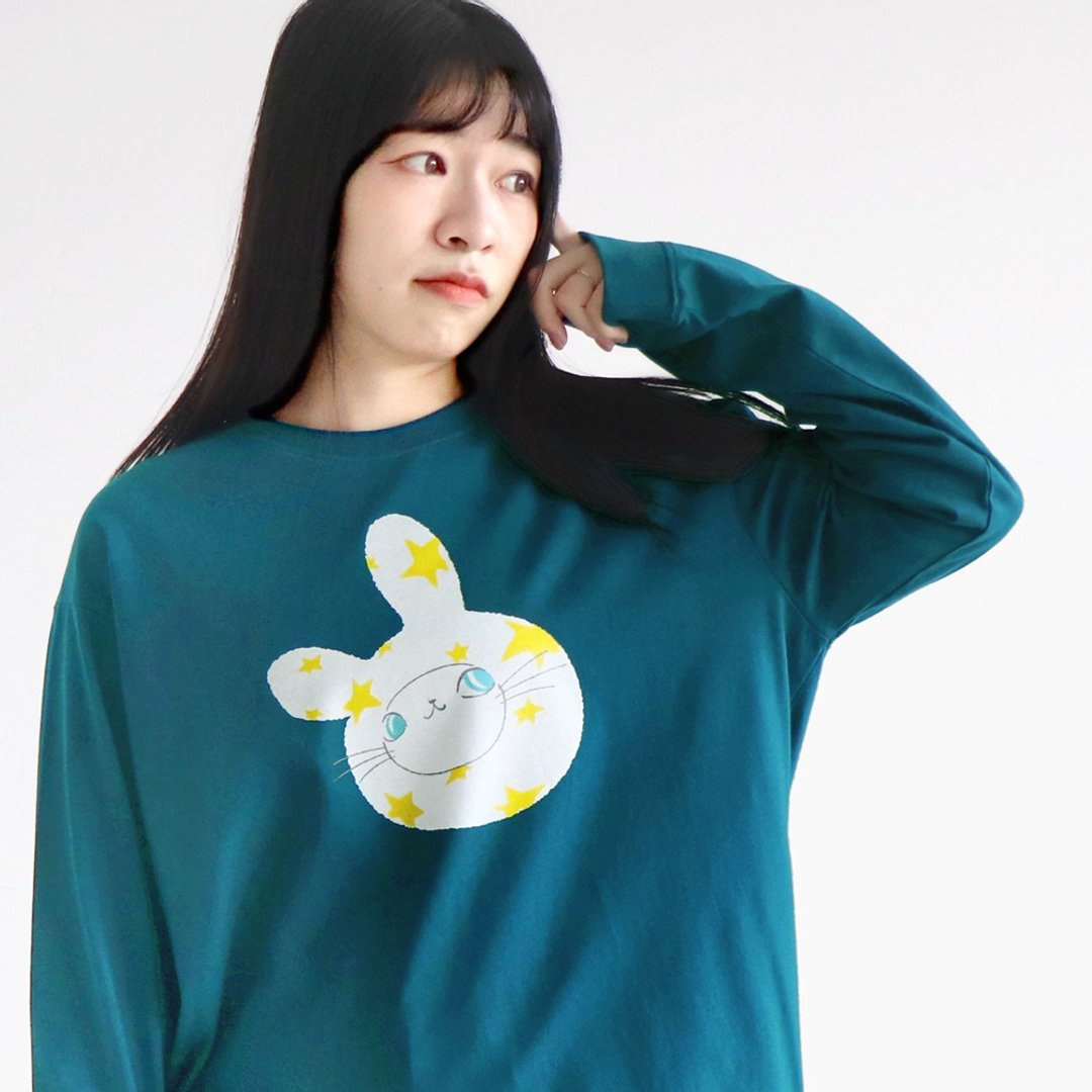 兔星星 - 中性长袖 舒适版型 - 女装上衣 - 棉 蓝色