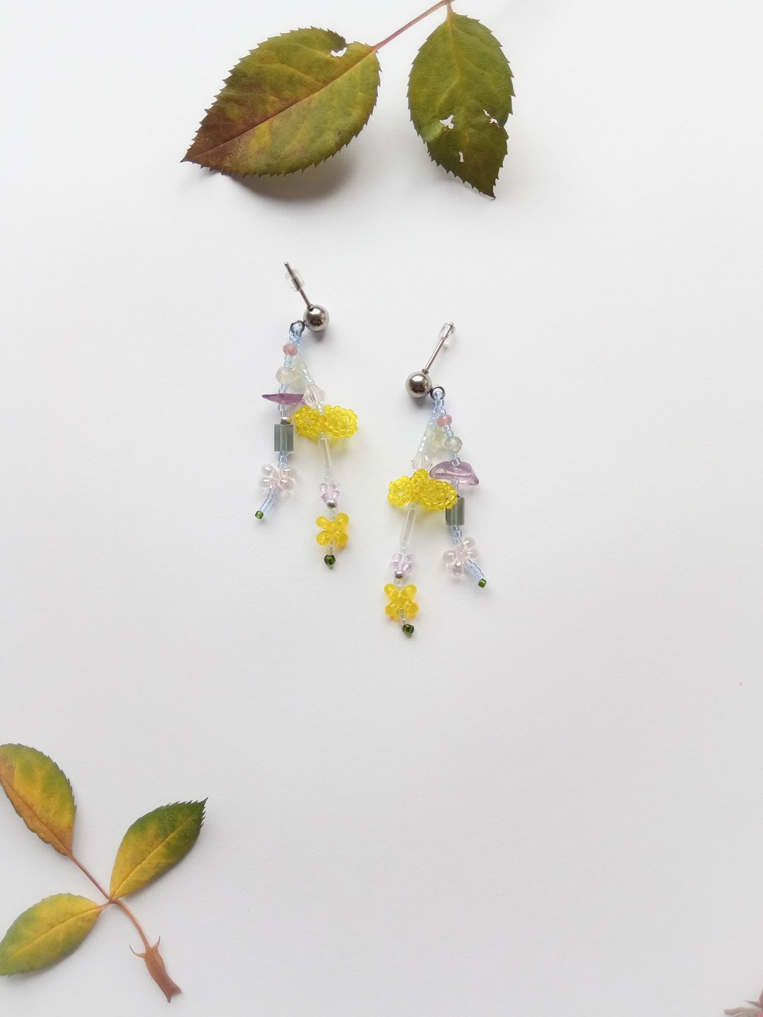 Fairy earrings for women, gemstone beaded drop earrings in yellow purple colors. - 耳环/耳夹 - 宝石 黄色