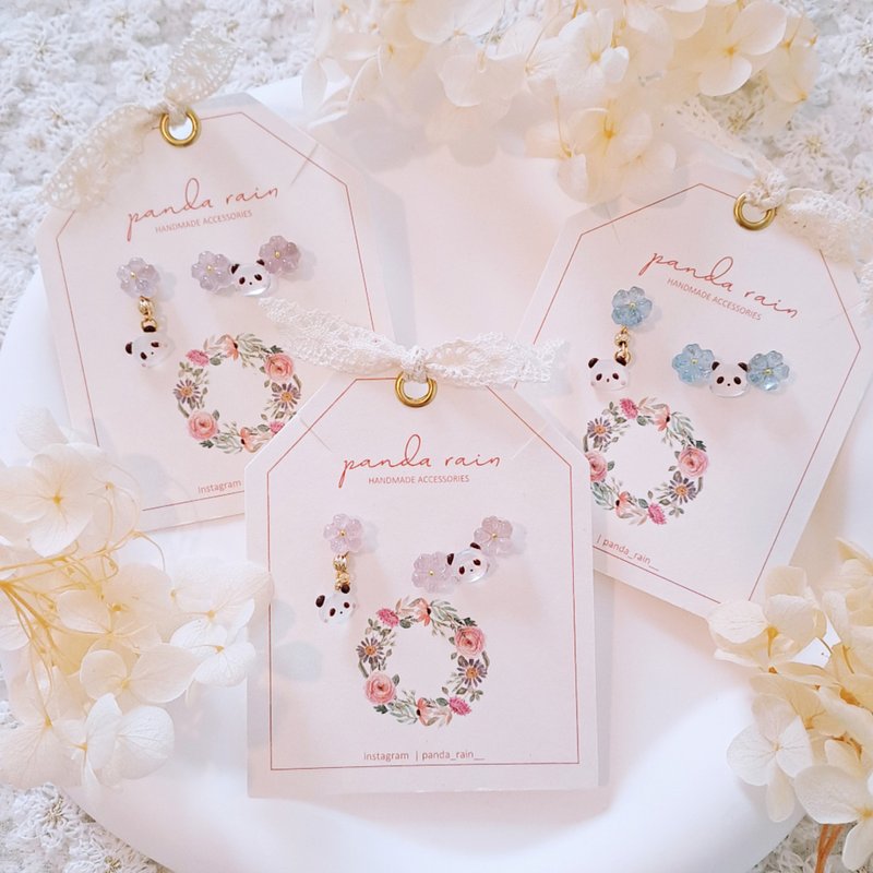 原创 闪亮亮小樱花熊猫系列 - 闪亮小樱花不对称耳环 (三色选择) - 耳环/耳夹 - 树脂 多色