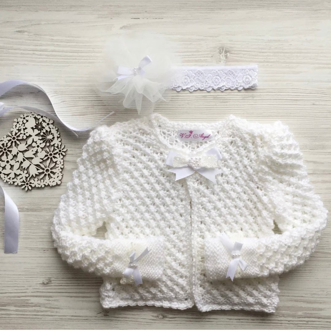 Hand made knit white sweater with headband for baby girl. i - 其他 - 其他材质 白色