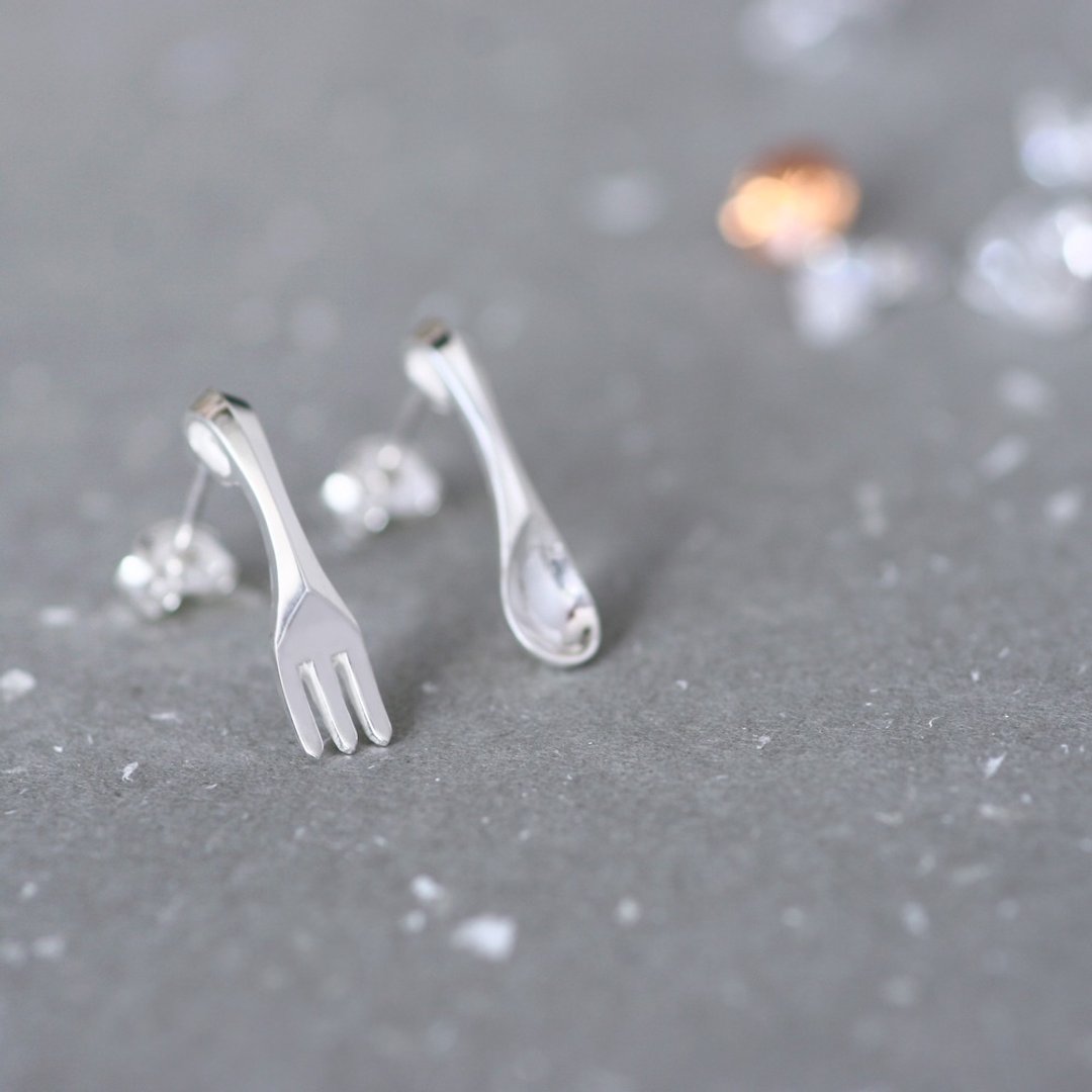 Miniature Spoon & Fork Earrings Silver 925 - 耳环/耳夹 - 其他金属 银色