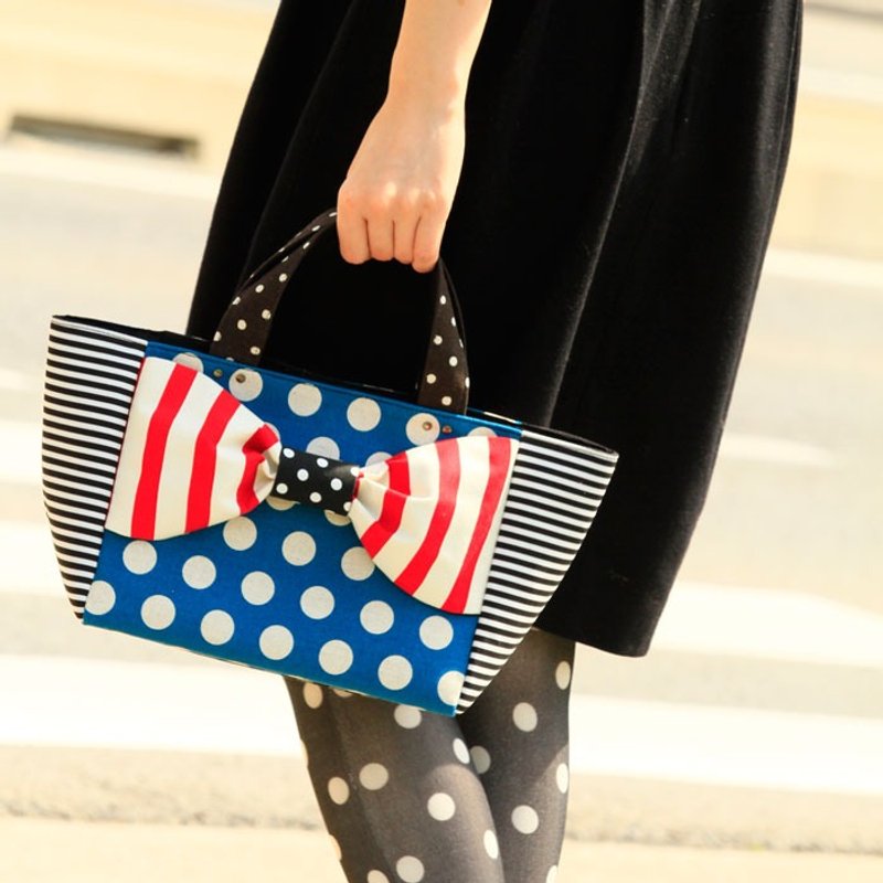 Ribbon Tote Bag Love Comedy S 尺寸 蓝红条纹圆点条纹 肩背包 - 侧背包/斜挎包 - 棉．麻 蓝色