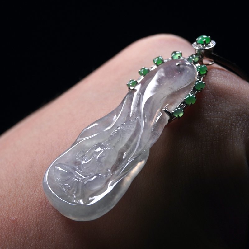 玻璃种翡翠自在观音菩萨项链18K金钻石| 天然缅甸玉翡翠A货| 送礼 - 项链 - 玉石 透明