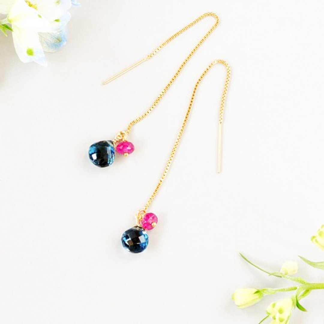 London Bull Topaz x Ruby American Chain Earrings Earrings 14kgf - 耳环/耳夹 - 宝石 