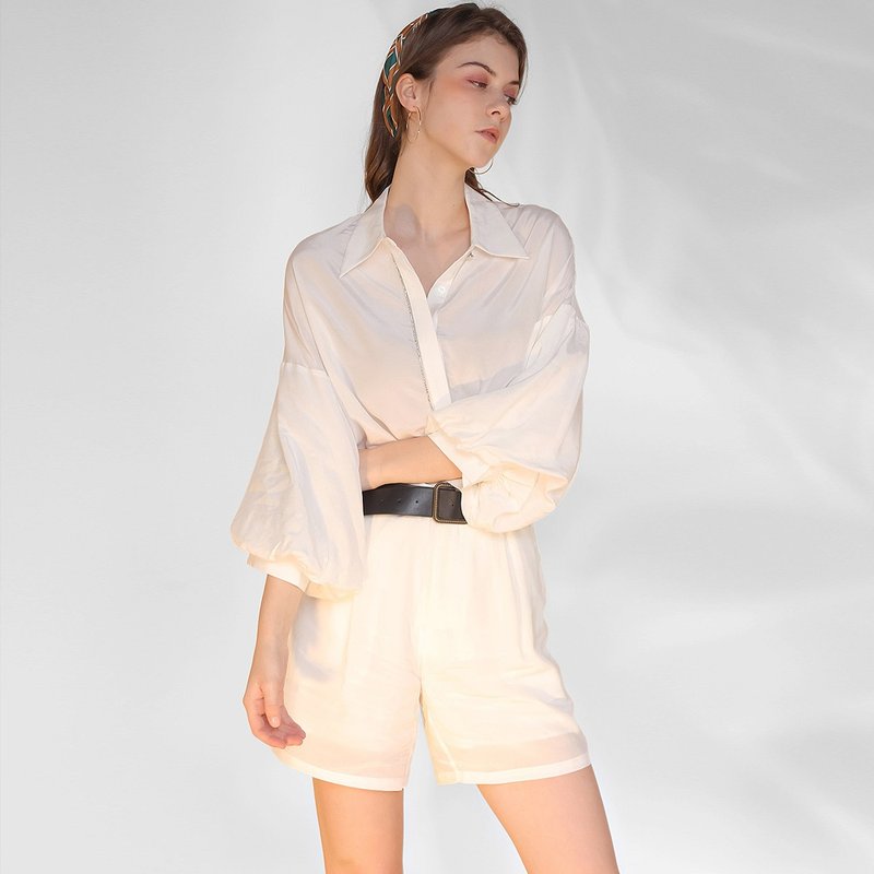 AVVJOY | 水钻镶边衬衫合身七分袖原色白 - 女装上衣 - 棉．麻 白色