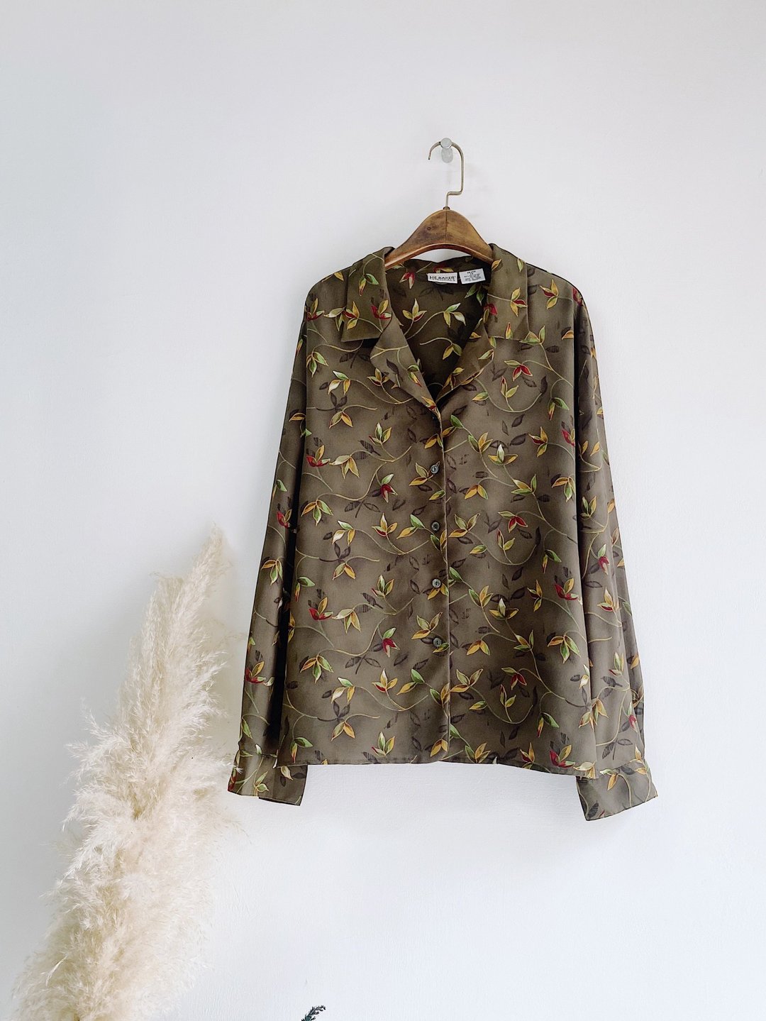 深橄榄绿缠绕花卉青春季节 古着纺纱衬衫上衣 vintage Shirt - 女装衬衫 - 聚酯纤维 绿色