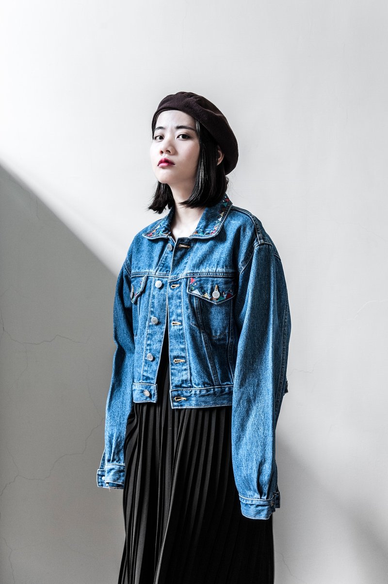 Vintage INVESTMENT Denim 墨西哥刺绣重磅短版牛仔古着外套 - 女装休闲/机能外套 - 其他材质 蓝色