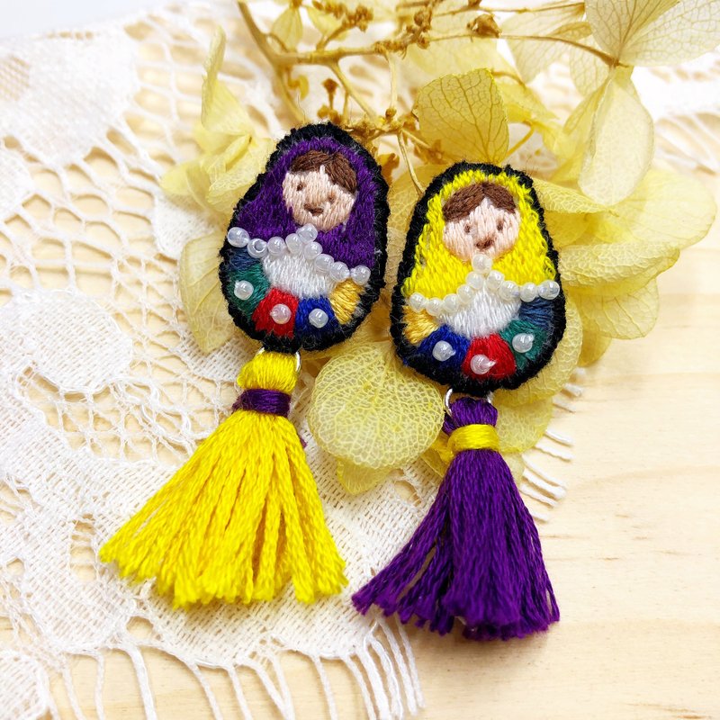 俄罗斯娃娃刺绣耳环(黄+紫) - 耳环/耳夹 - 绣线 多色