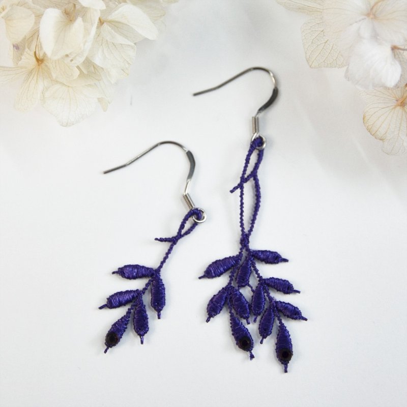优雅麦穗刺绣耳环 - 耳环/耳夹 - 绣线 紫色