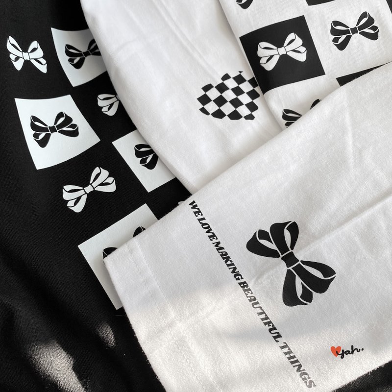 黑白格仔长袖Tee - 女装 T 恤 - 棉．麻 白色