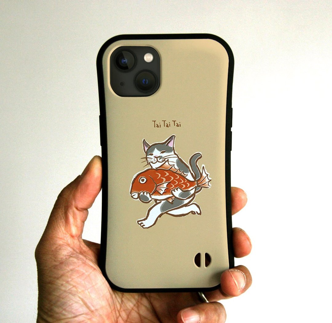 Grip iPhone Case Cat and Sea Bream Yellow Gray - 手机壳/手机套 - 塑料 卡其色