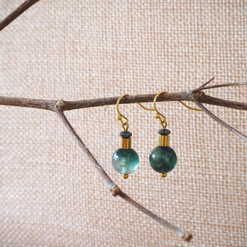 Minimal Moss Agate with Hematite earrings - 耳环/耳夹 - 石头 绿色