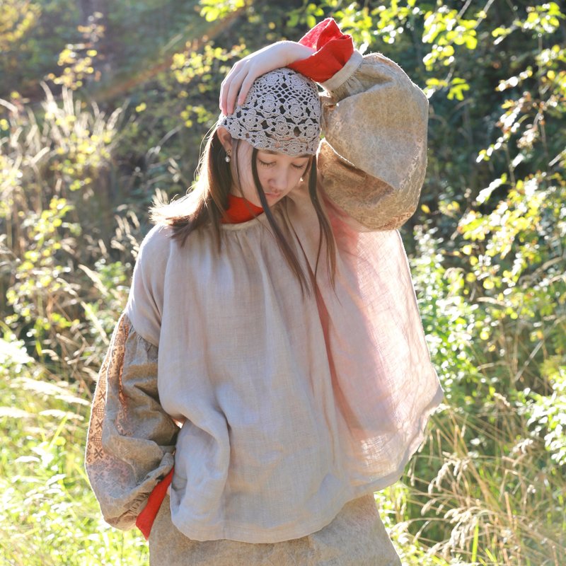 镂云宽松大码 拼色收褶刺绣上衣 镂云 - 女装上衣 - 棉．麻 