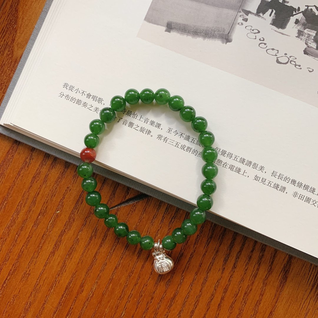 青山如是。俄罗斯碧玉手链 南红纯银福袋挂坠6mm玉石古风好运手串 - 手链/手环 - 玉石 绿色