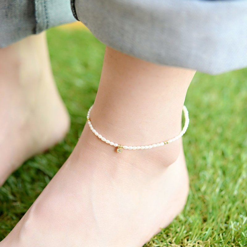 Anklet B type of mini freshwater pearl that symbolizes health, wealth, longevity and chastity - 脚链/脚环 - 其他金属 白色