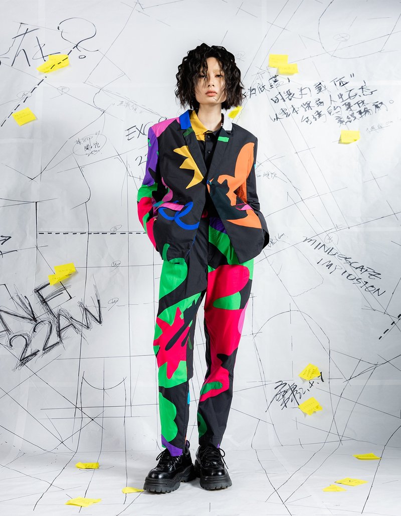 INF 22AW跨界联名黑印花短西装外套 - 男装衬衫 - 棉．麻 黑色