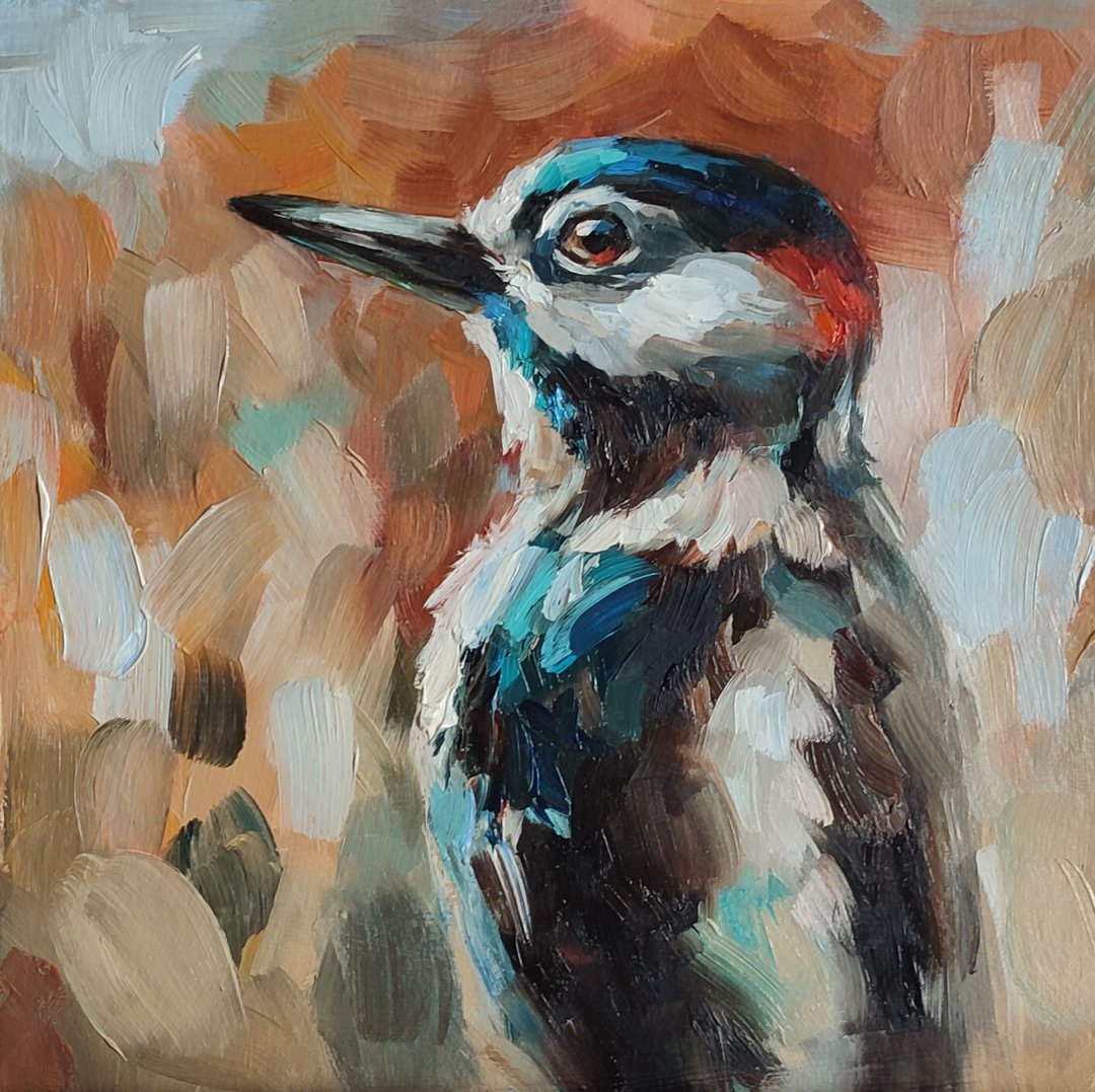 Woodpecker Oil Painting Bird Original Art Animal Artwork Wildlife Wall Art - 墙贴/壁贴 - 其他材质 咖啡色