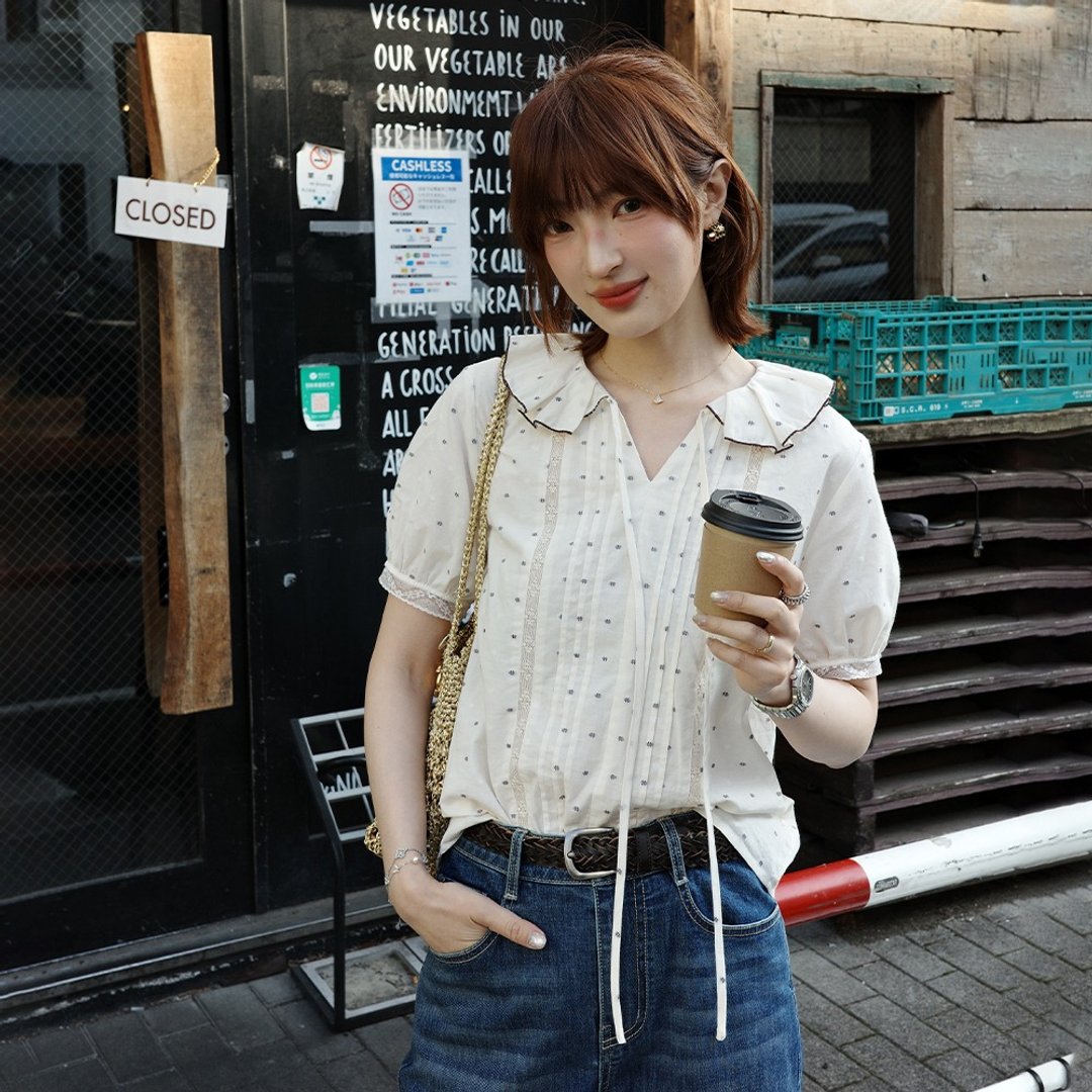 荷叶边提花波点小衫 | 衬衫 | 夏款|Sora-2112 - 女装衬衫 - 棉 白色