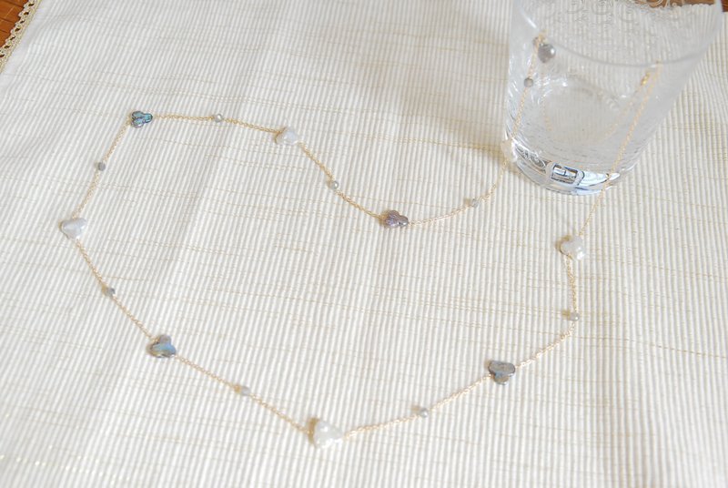 双色三叶草珍珠与拉长石项链 14KGF - 项链 - 珍珠 灰色