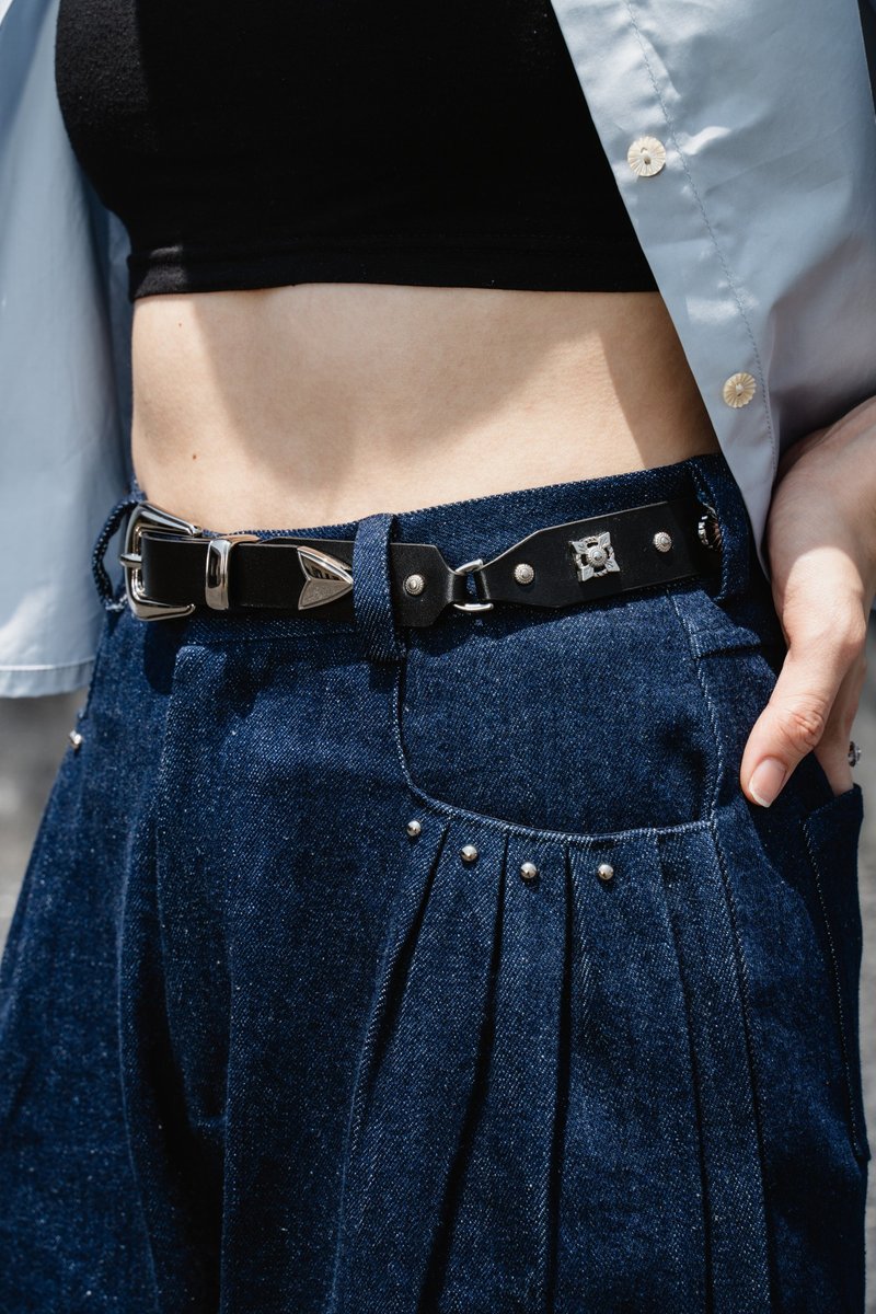 银器皮带 Silver leather belt - 皮带/腰带 - 其他材质 黑色