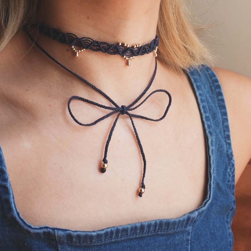 Lace Choker | 编织蕾丝颈绳 | 粗海浪款 | 深蓝色 - 项链 - 蜡 蓝色