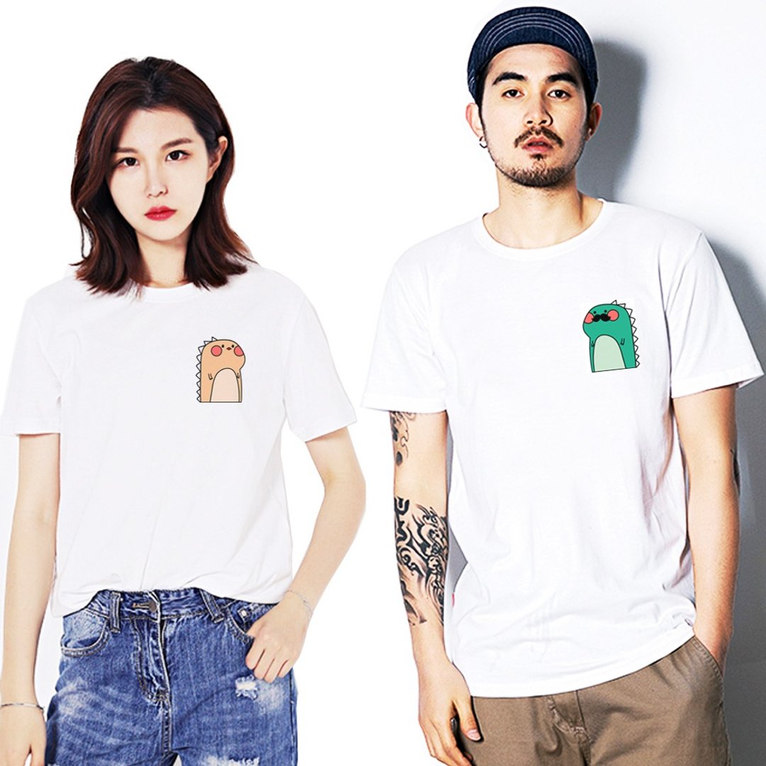 独家 - Male & Female Dino 公恐龙母恐龙 短T 白色 情侣情人礼物 - 女装 T 恤 - 棉 白色