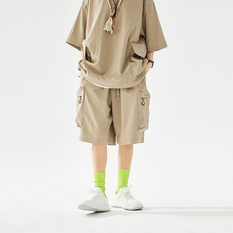 TopBasics 户外六口袋泡泡纱短裤 - 男士短裤 - 聚酯纤维 卡其色