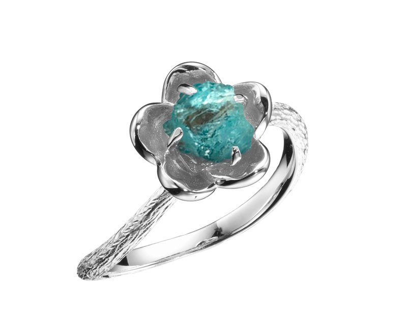 海蓝宝原石14k金梅花求婚戒指 植物原矿订婚戒指 立体花朵单石戒 - 对戒 - 贵金属 蓝色