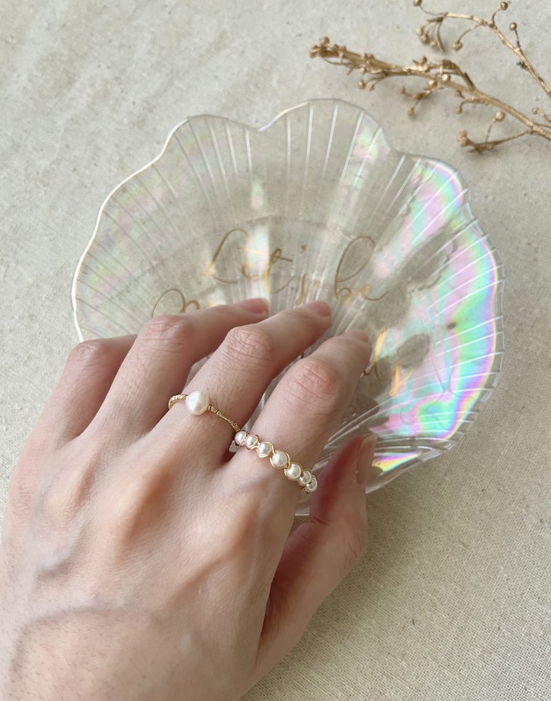 天然珍珠戒指 贝壳珍珠戒指 编织戒指 - 戒指 - 珍珠 白色